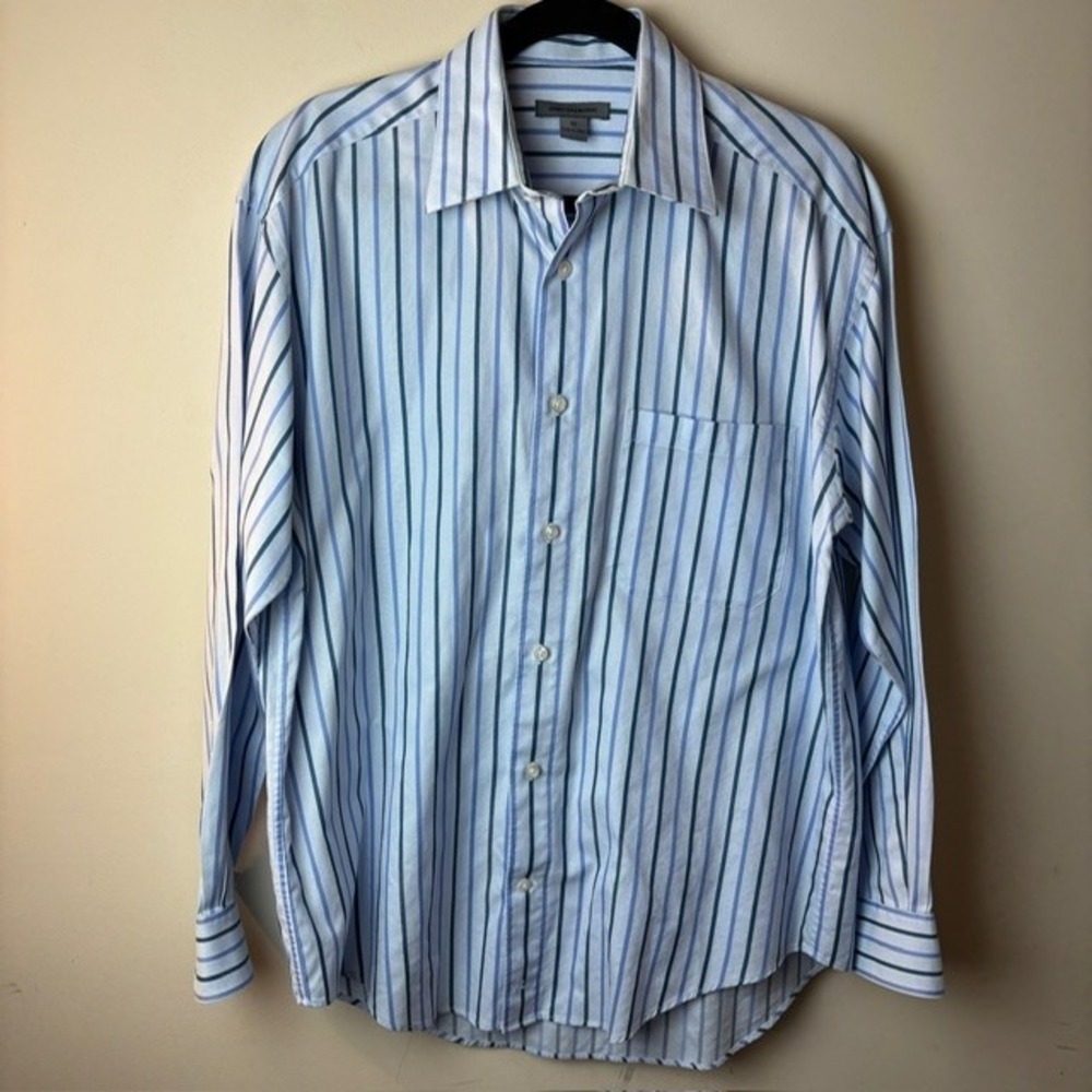 Mens M Johnston & Murphy Button Up Shirt White Striped Cotton Long Sleeve